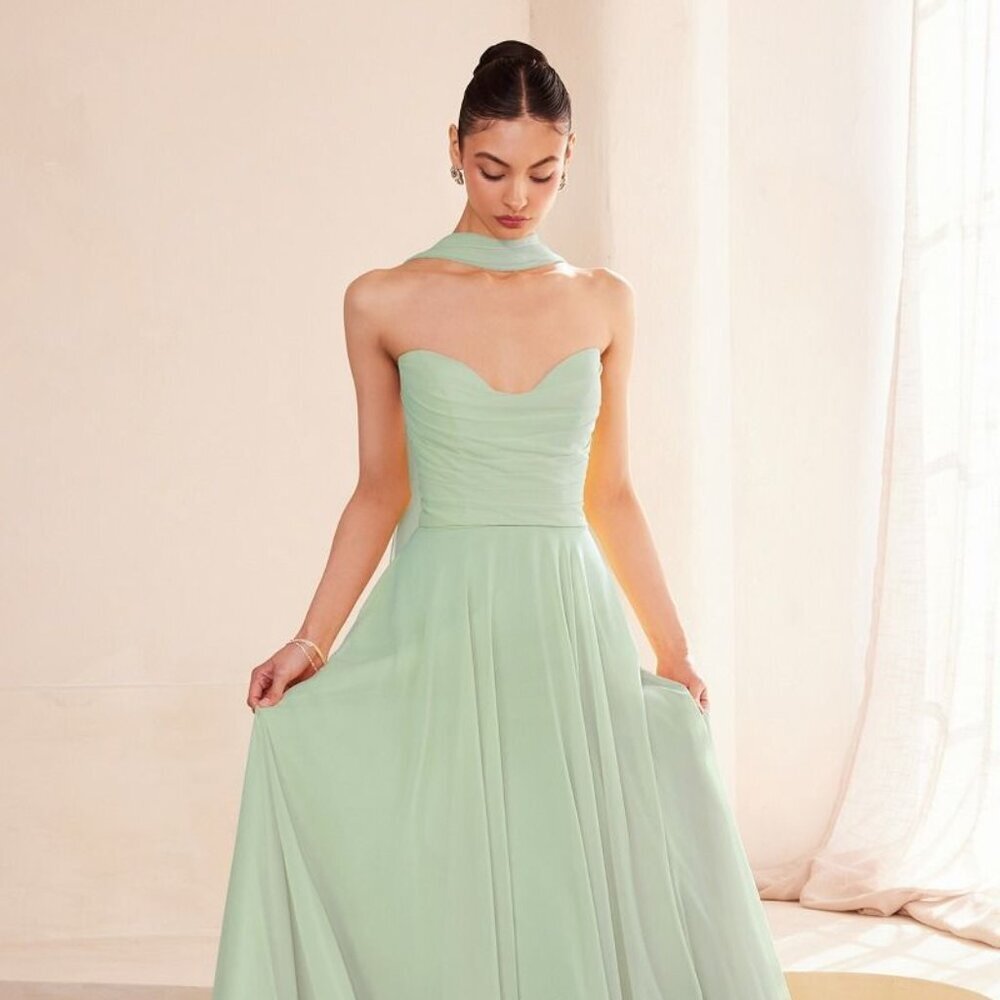 New A-Line Strapless Chiffon Dress w/ Scarf Accessory & Lace Up Back CD T703